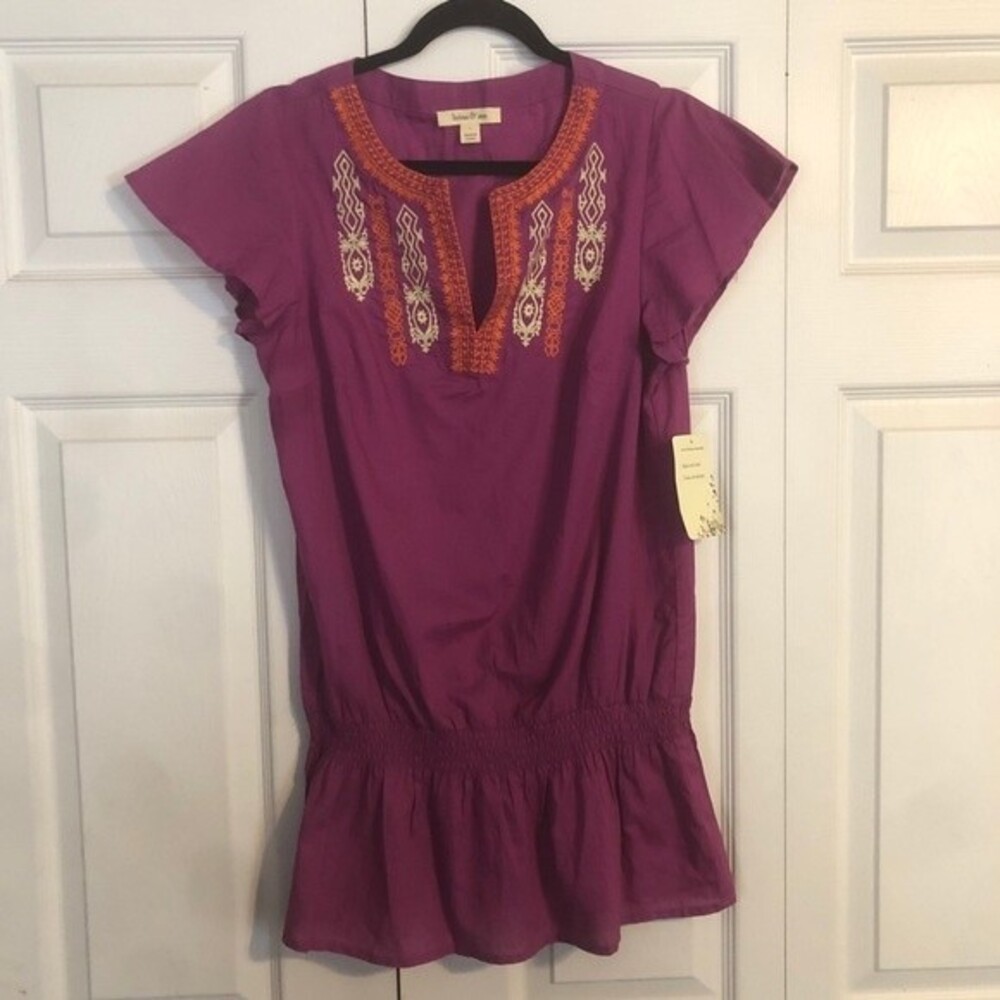 BRINA & EM NWT Small Purple Orange Orchid Tunic Embroidered V-Neck Smocked
